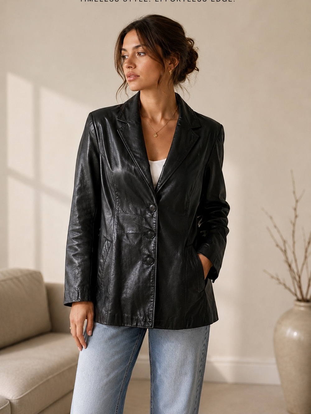 Vintage Black Leather Blazer Jacket Size M